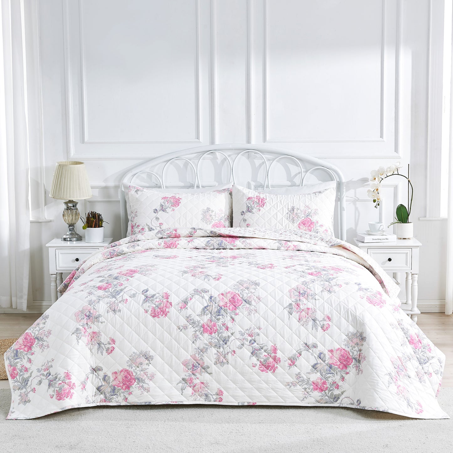 Jardin De Rose Reversible Cotton Percale Quilt Set