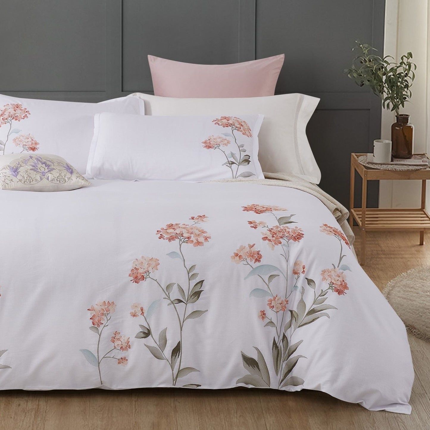 Hydrangea 100% Cotton Embroidered Duvet Cover Set