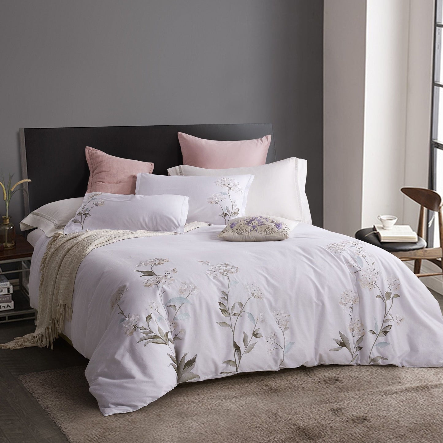 Hydrangea 100% Cotton Embroidered Duvet Cover Set