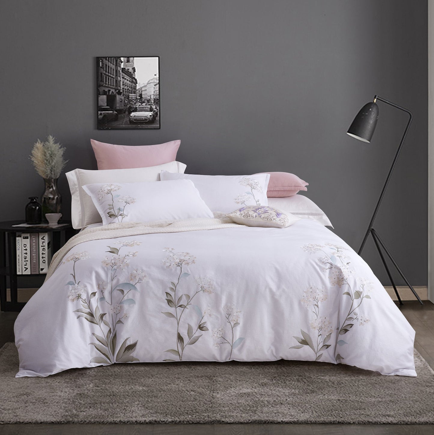 Hydrangea 100% Cotton Embroidered Duvet Cover Set