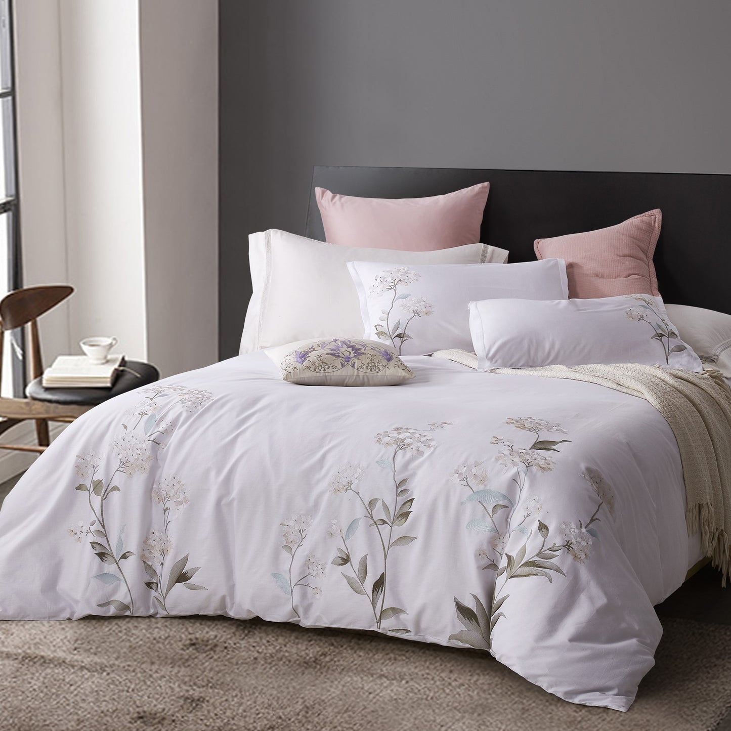 Hydrangea 100% Cotton Embroidered Duvet Cover Set