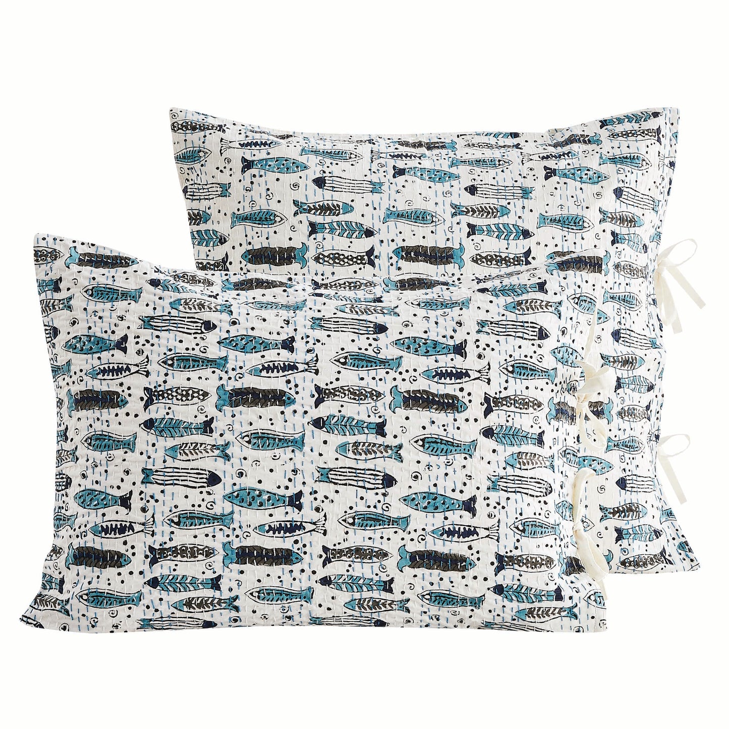 Hand Stitched Block Print Kantha Pillow Sham Pairs