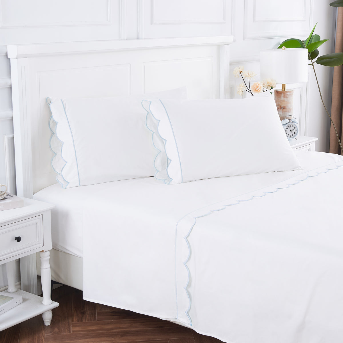 Scallop Frame Embroidered Cotton Percale Sheet Set – Mélange Home