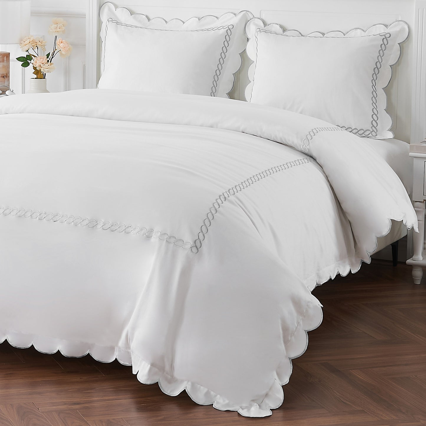 600 Thread Count Scallop Rope Embroidered Cotton Duvet Set