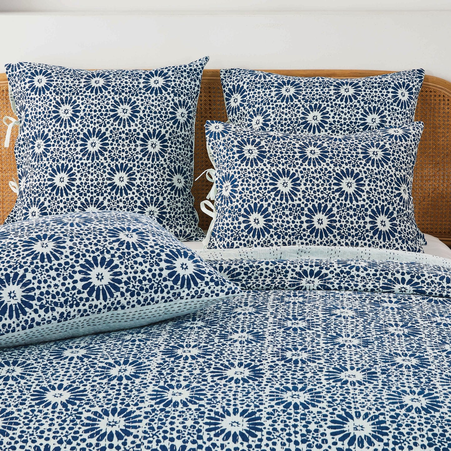 Hand Stitched Block Print Kantha Pillow Sham Pairs