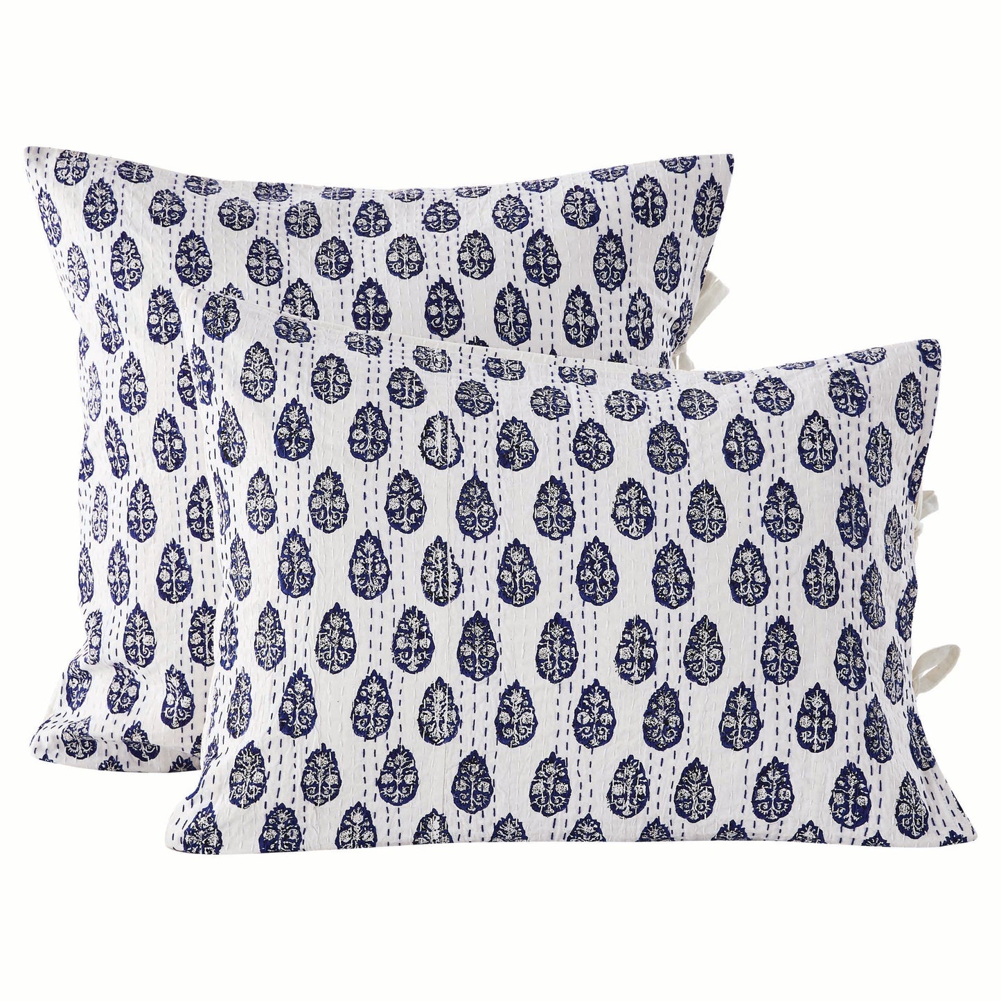 Hand Stitched Block Print Kantha Pillow Sham Pairs