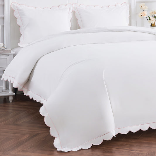 Scallop Frame Embroidered Cotton Percale Duvet Set