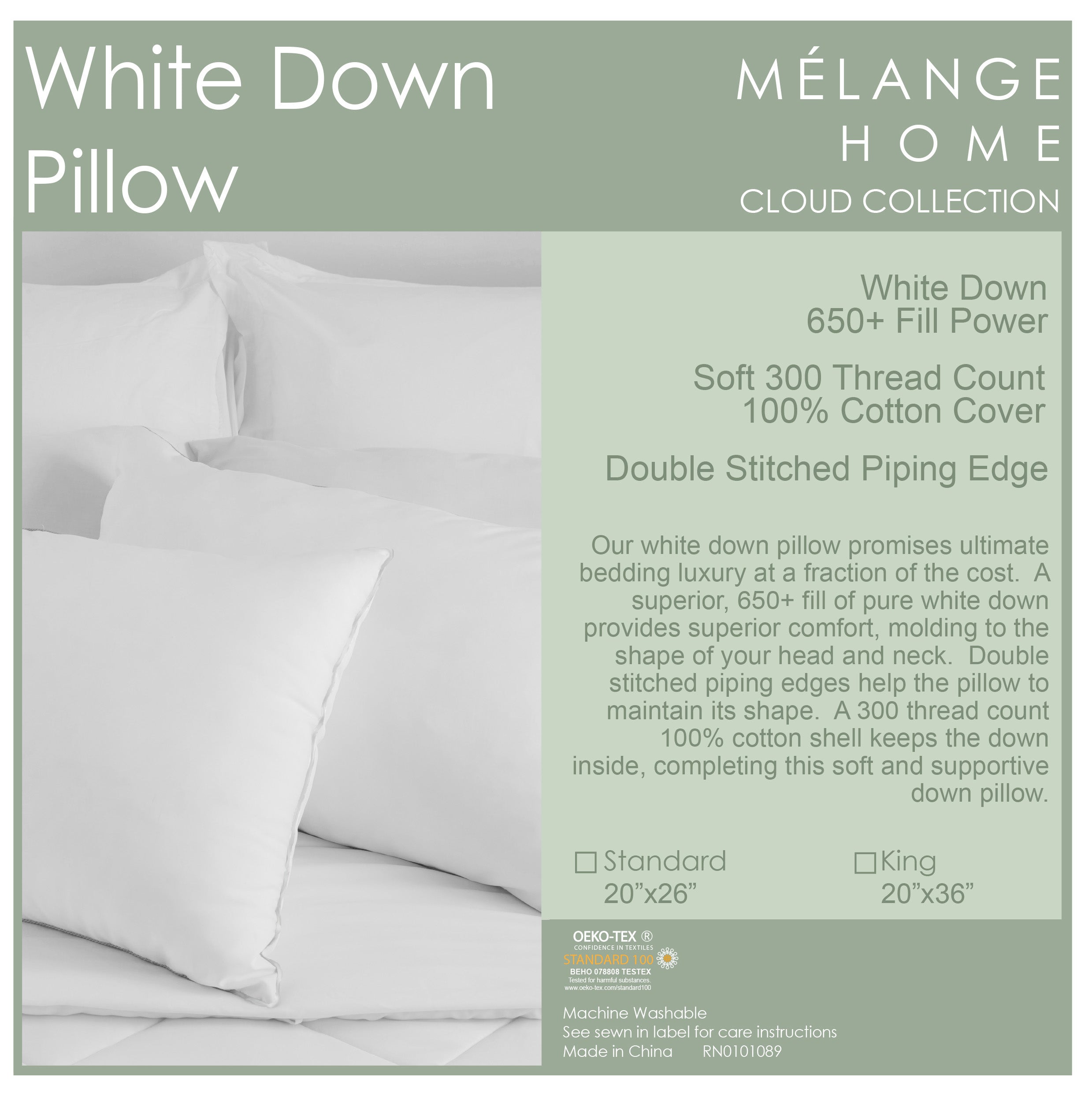 Cloud 650 White Down Pillow Standard